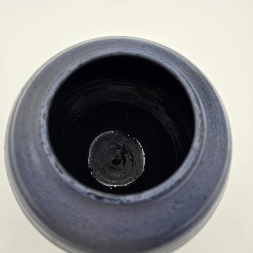 Blue Handmade Hand Thrown Ribbed Carved Rounded Pottery Vase Glazed Signed